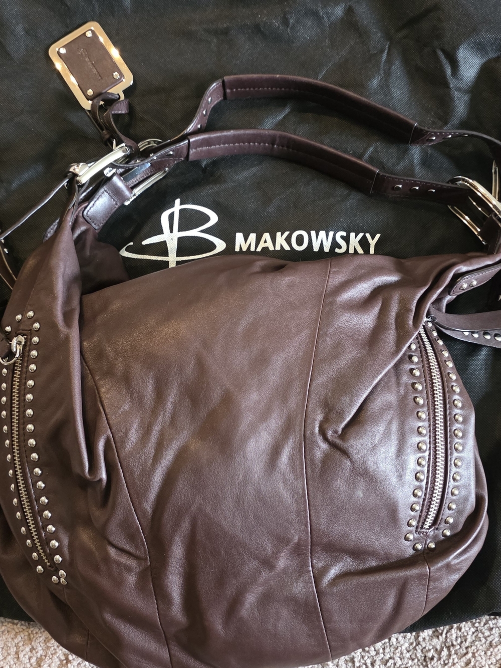 B Makowsky Brown Leather Shoulder Bag with Stud Accents